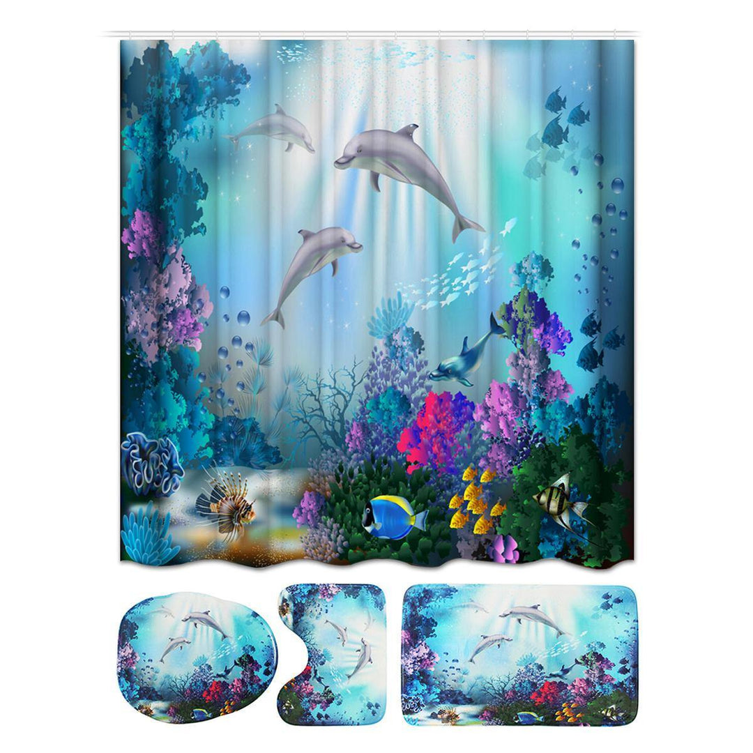1/3/4 Pcs Sea Style Dolphin Waterproof Shower Curtain Set Toilet Cover Mat Bathroom Non-Slip Mat Pedestal Rug Kit - Trendha