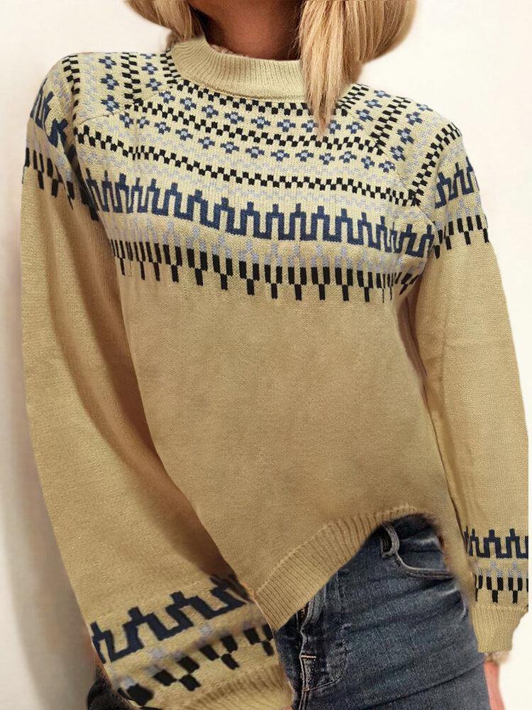 Women Vintage Jacquard Printed Half Collar Casual Pullover Knitted Sweater - Trendha