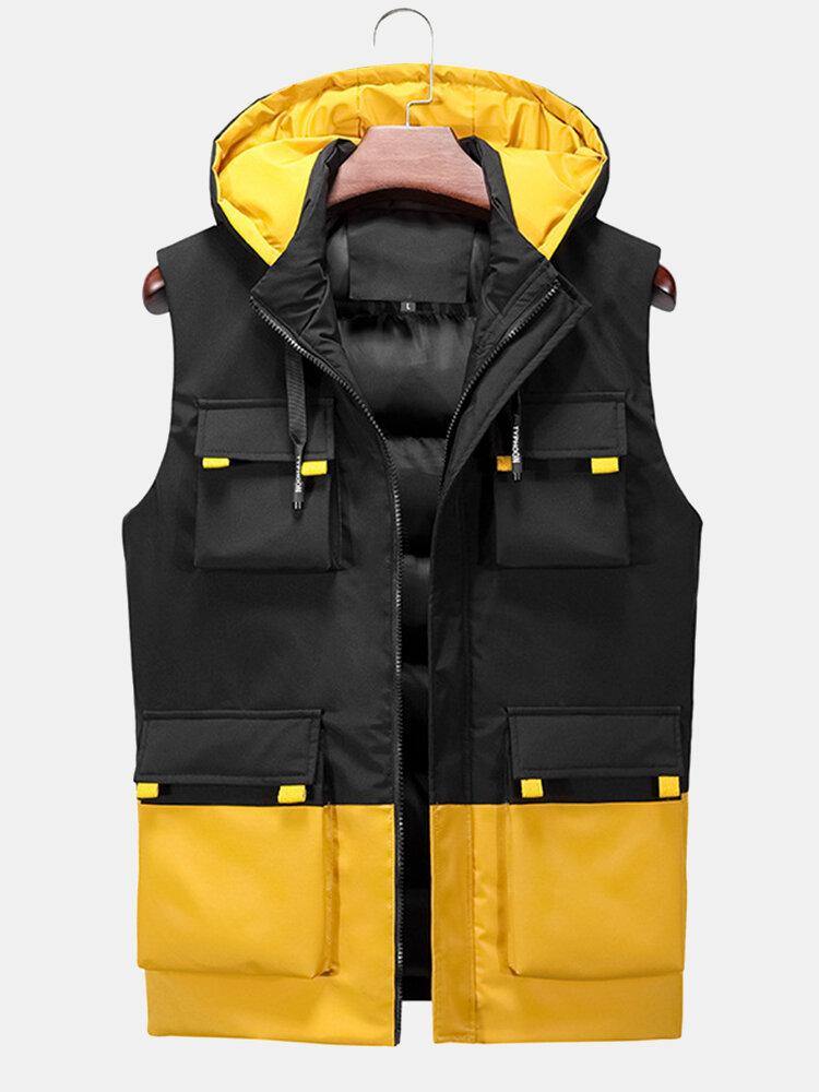 Mens Contrast Patchwork Warm Windproof Hooded Padded Gilet Vests With Multi Pocket - Trendha