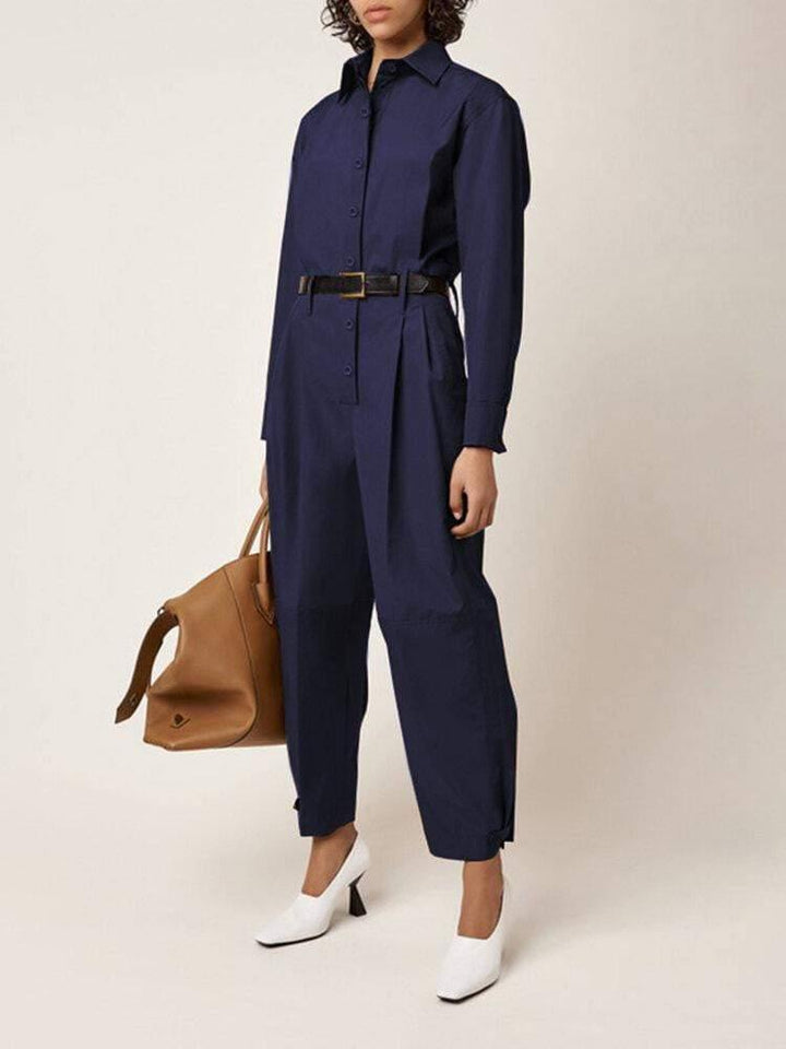 Women Solid Color Button Up Lapel Long Sleeve Casual Stitching Cargo Jumpsuit - Trendha