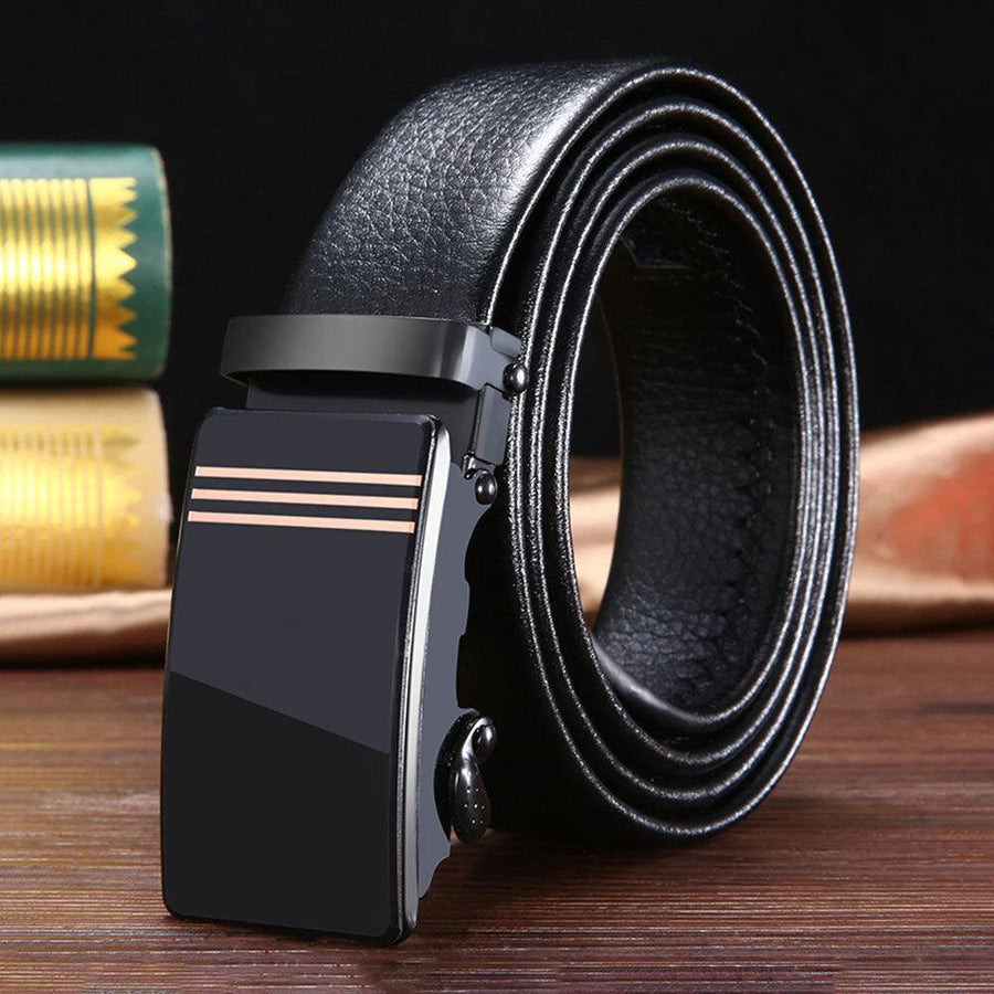 Men PU Leather Rectangular Acrylic Automatic Buckle Scratch-resistant Business Casual Ratchet Belt - Trendha