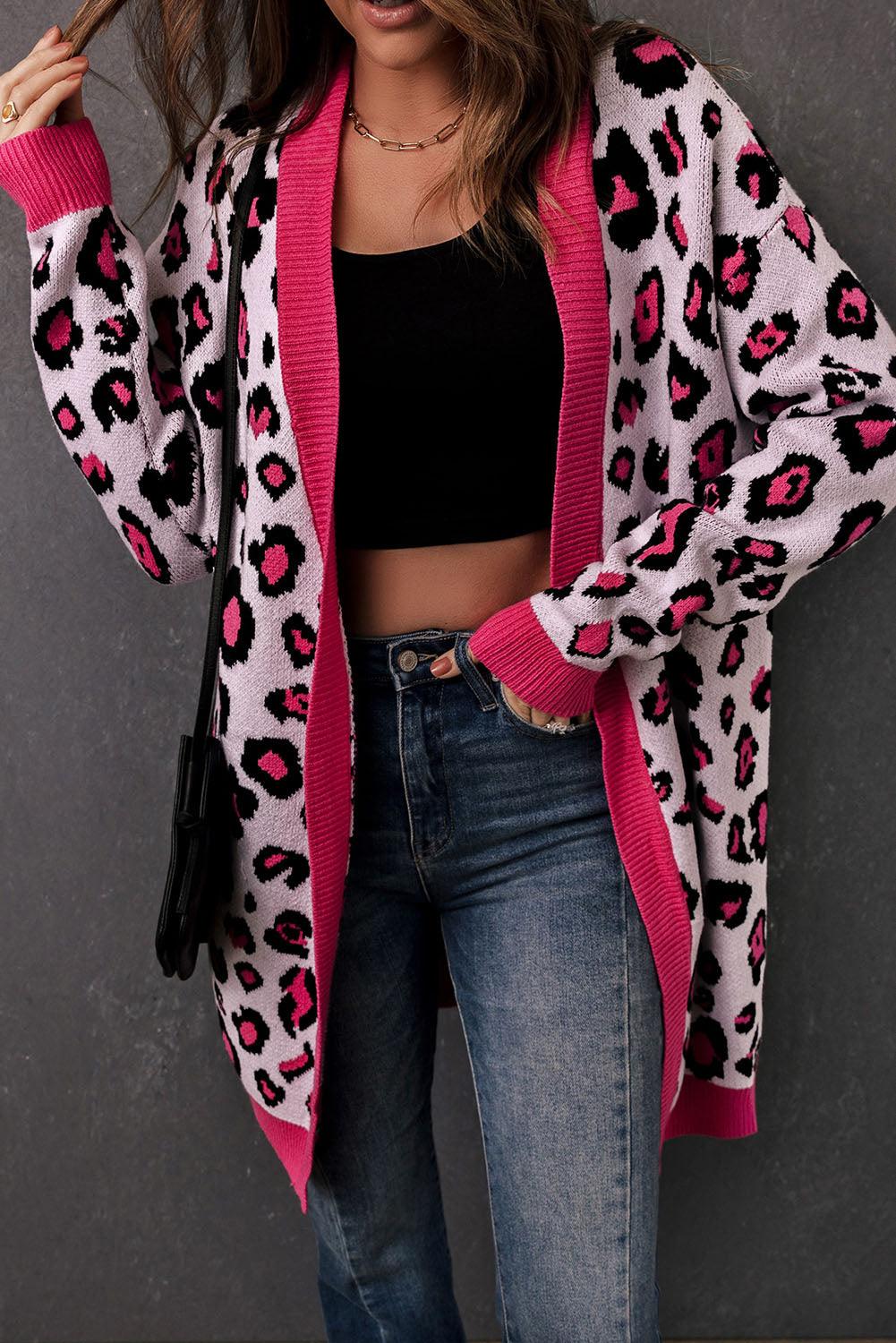 Leopard Contrast Trim Open Front Longline Cardigan - Trendha