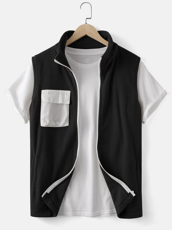 Mens Solid Color Zipper Sleeveless Casual Vest With Patchwork Pocket - Trendha