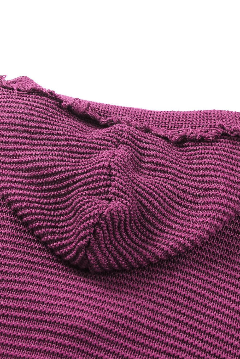 Horizontal Ribbing Fringe Trim Hooded Sweater - Trendha
