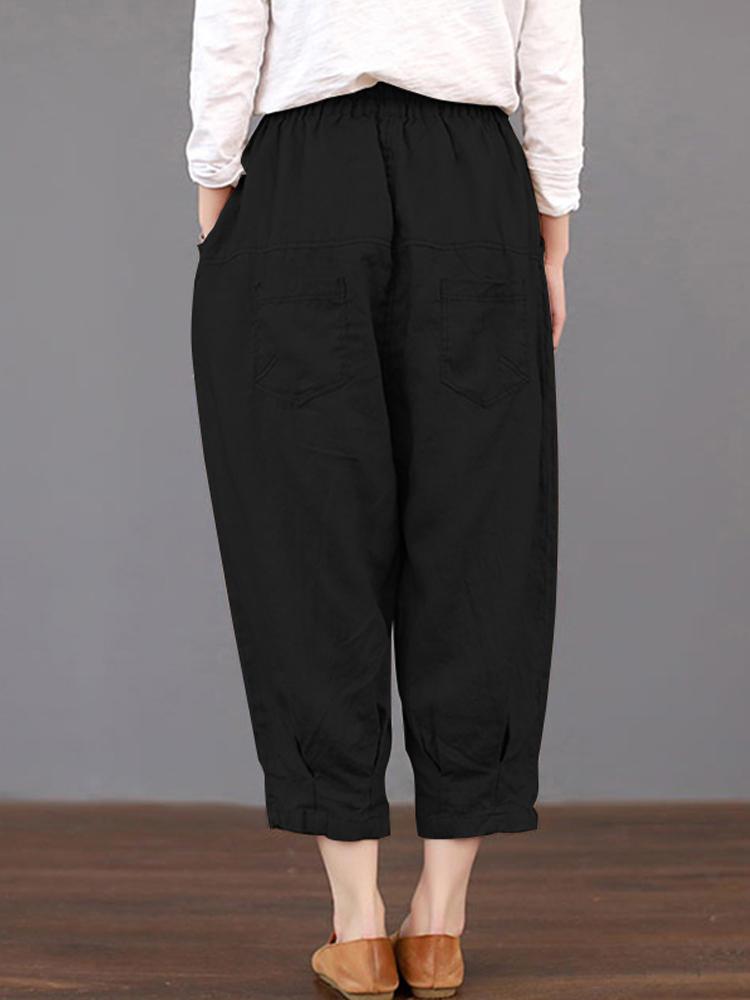 Women's Solid Color Elastic Waist Loose Cotton Pants - Comfortable and Casual - Trendha